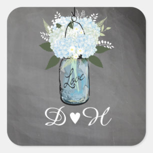 Adesivo Quadrado Blue Hydrangea Mason Jar Chalkboard   Casamento