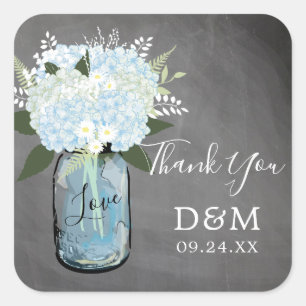 Adesivo Quadrado Blue Hydrangea Mason Jar Chalkboard Favor de Casam