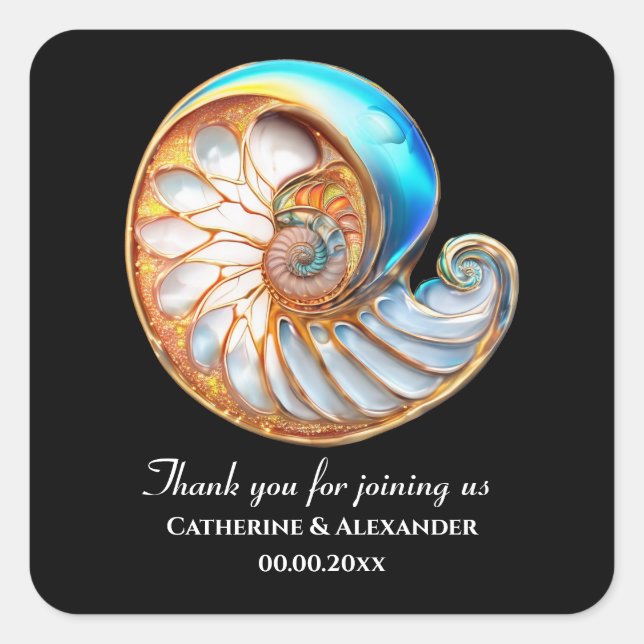 Adesivo Quadrado Blue Ivory Shell Coastal Wedding Thank You (Frente)