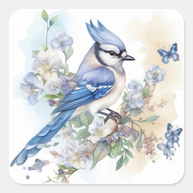 Adesivo Quadrado Blue Jay Bird Flowers Springtime Summer Nature (Frente)