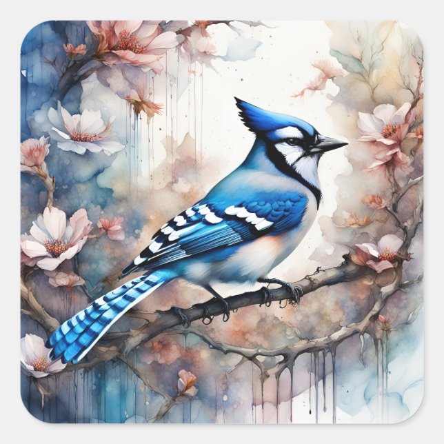 Adesivo Quadrado Blue Jay Cherry Blossoms aquarela (Frente)