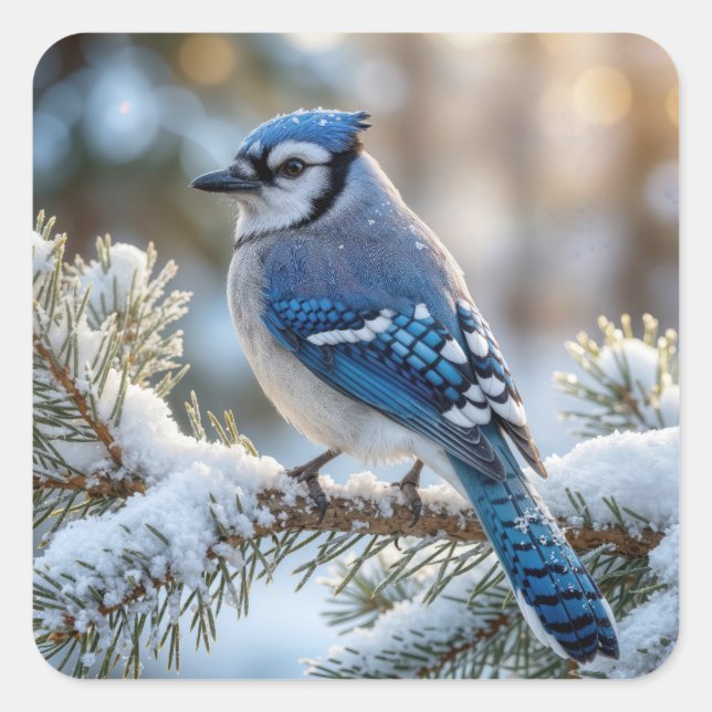 Adesivo Quadrado Blue Jay Perched On a Snowy Pine  (Frente)