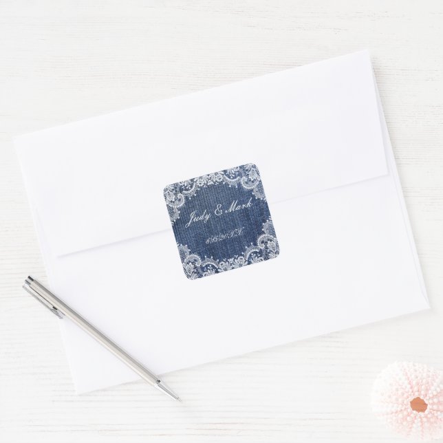 Adesivo Quadrado Blue Jean Denim E Lace Wedding Seal (Envelope)