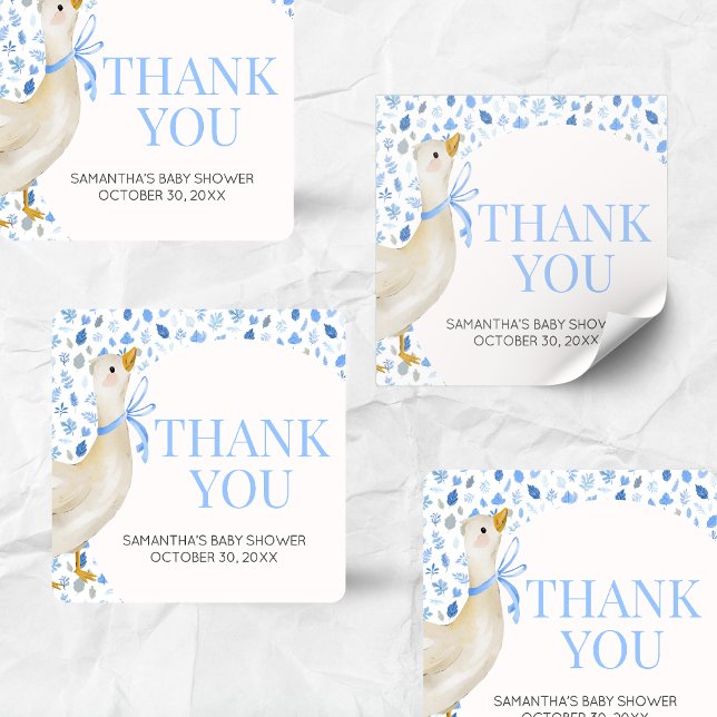 Adesivo Quadrado Blue Little Silly Goose Baby Shower (Blue Little Silly Goose Baby Shower Square Sticker)