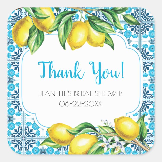 Adesivo Quadrado Blue Mediterranean Tile Lemon Bridal Thank You (Frente)
