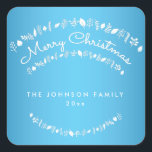 Adesivo Quadrado Blue Merry Christmas Square Stickers<br><div class="desc">Cartazes azuis e quadrados brancos de Natal felizes com texto alterável</div>
