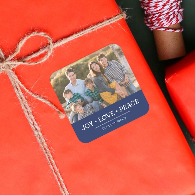 Adesivo Quadrado Blue Minimalist Joy Love Peace Holiday Photo (Criador carregado)