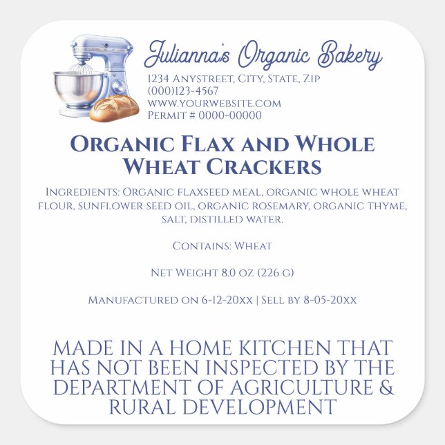 Adesivo Quadrado Blue Mixer Bread Bakery Pastry Chef Food Product (Frente)