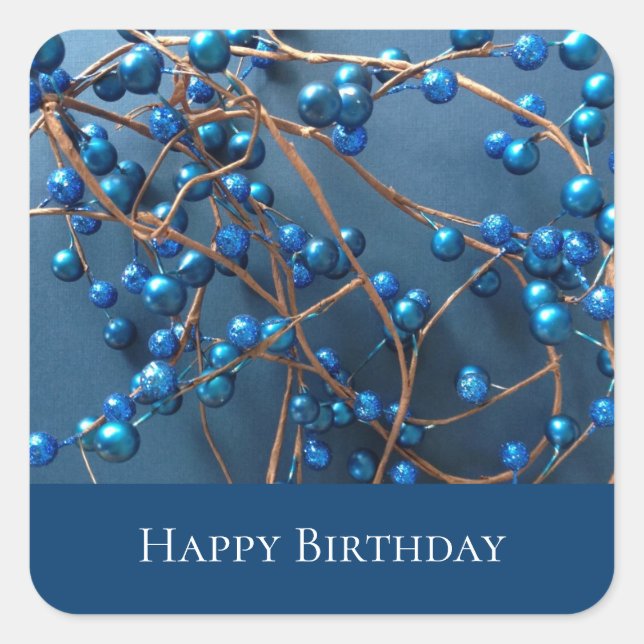 Adesivo Quadrado Blue Modern Happy Birthday Trendy Berries (Frente)