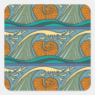 Adesivo Quadrado Blue Ocean Waves Nautilus Seashell Patterno Nouvea
