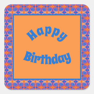 Adesivo Quadrado Blue Orange Swirl Patterl Happy Birthday