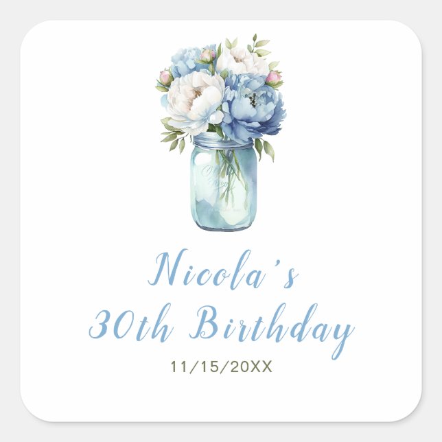Adesivo Quadrado Blue Peonies Mason Jar Birthday (Frente)