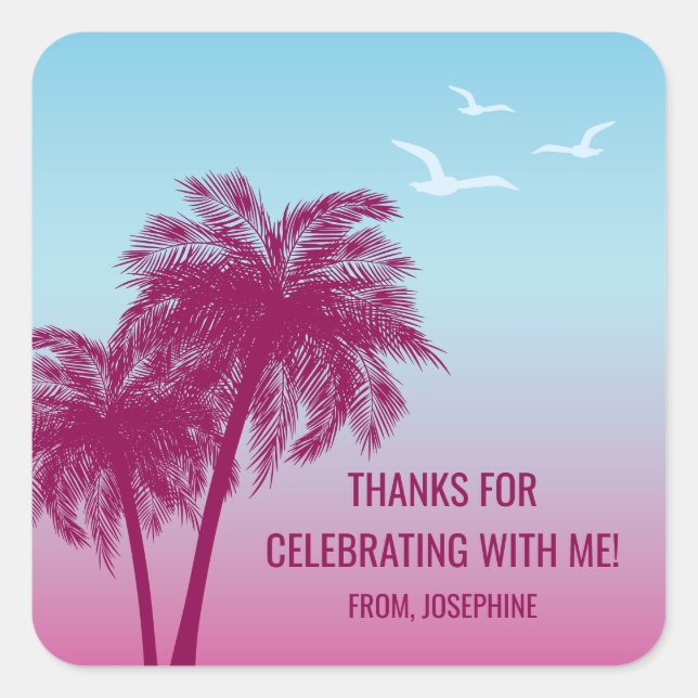 Adesivo Quadrado Blue Pink Tropical Palm Trees Birthday Thank You (Frente)
