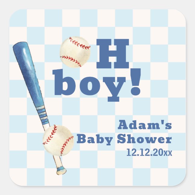 Adesivo Quadrado Blue Plaid Little Slugger Baseball Baby Shower  (Frente)