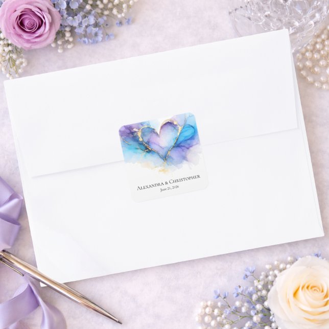 Adesivo Quadrado Blue Purple Gold Abstract Heart Wedding Sticker (Criador carregado)