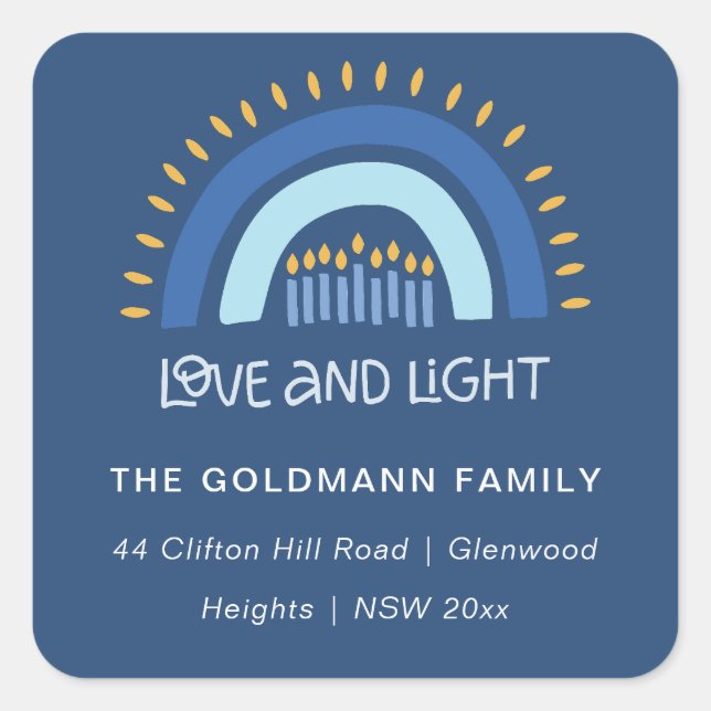 Adesivo Quadrado Blue Rainbow Candles Love & Light Hanukkah Address (Frente)