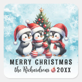 Adesivo Quadrado Blue Red Três Pinguins Divertidos Feliz Natal