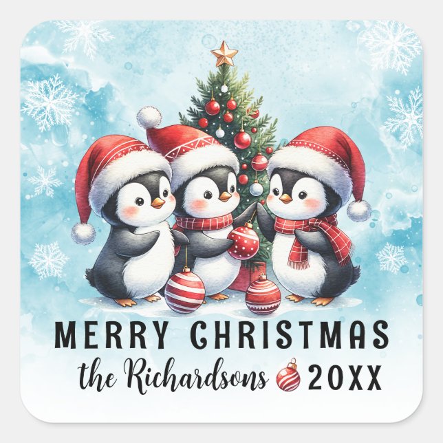 Adesivo Quadrado Blue Red Três Pinguins Divertidos Feliz Natal (Frente)