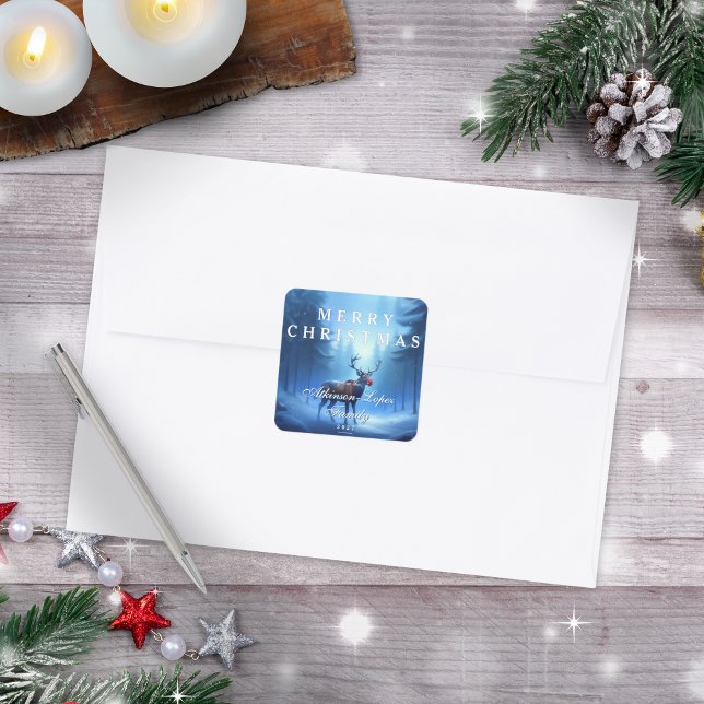 Adesivo Quadrado Blue Reindeer Merry Christmas Family (Criador carregado)