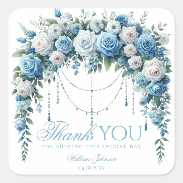 Adesivo Quadrado Blue Rose & Silver Cross Baptism Thank You Sticker (Frente)