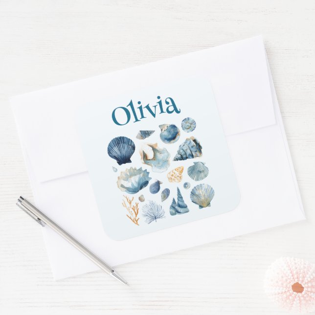 Adesivo Quadrado Blue Seashell Sticker | Custom Name (Envelope)
