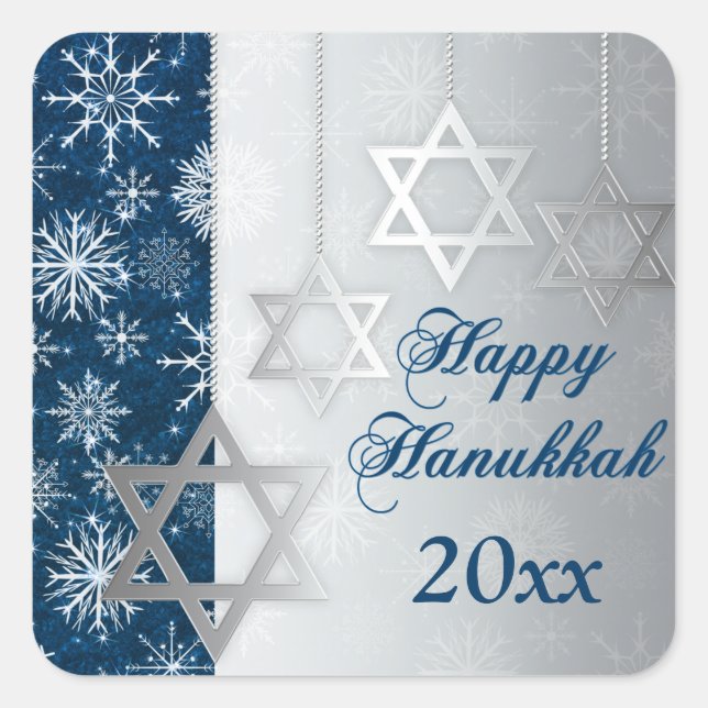 Adesivo Quadrado Blue, Silver Flocos de Neve Feliz Hanukkah Sticker (Frente)