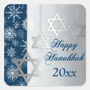 Adesivo Quadrado Blue, Silver Flocos de Neve Feliz Hanukkah Sticker