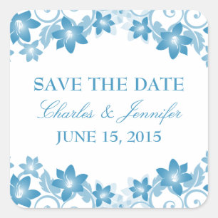 Adesivo Quadrado Blue Simple Floral Save the Date Stickers