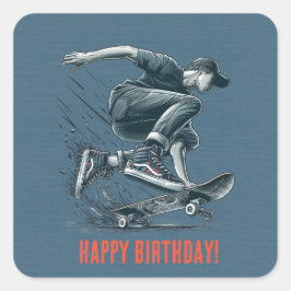 Adesivo Quadrado Blue Skateboarder Burnt Orange Happy Birday
