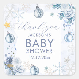 Adesivo Quadrado Blue Snowflake Flower Winter Baby Shower 