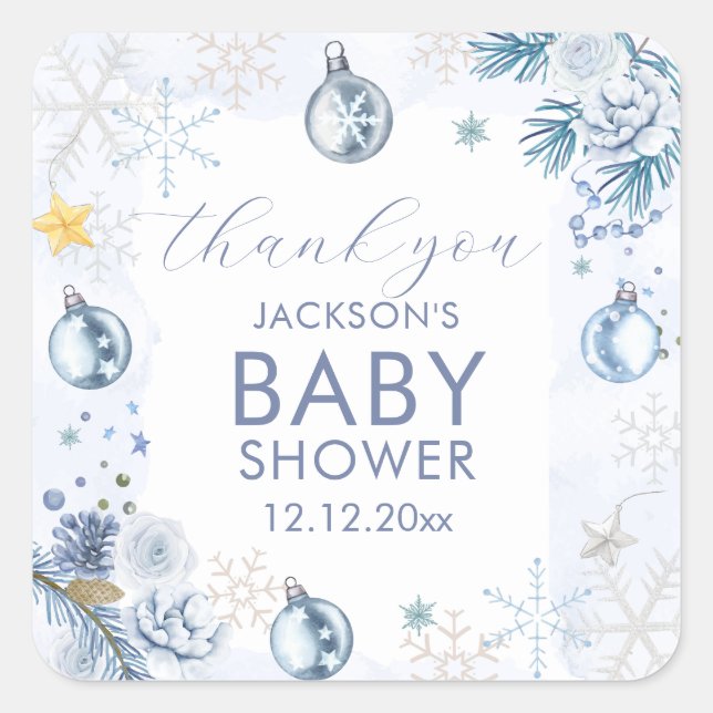 Adesivo Quadrado Blue Snowflake Flower Winter Baby Shower  (Frente)