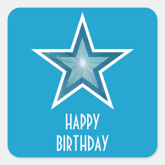 Adesivo Quadrado Blue Star 'Happy Birthday' - vinheta azul (Frente)