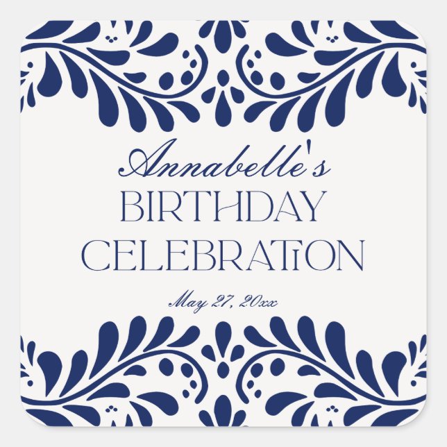 Adesivo Quadrado Blue Talavera Azulejo Espanhol Fiesta Birthday Fav (Frente)