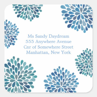 Adesivo Quadrado Blue Watercolor Dahlias Address Sticker