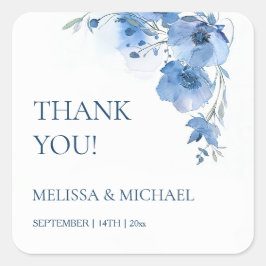 Adesivo Quadrado Blue Watercolor Flowers Wedding Thank You