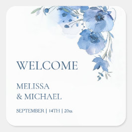 Adesivo Quadrado Blue Watercolor Flowers Wedding Welcome