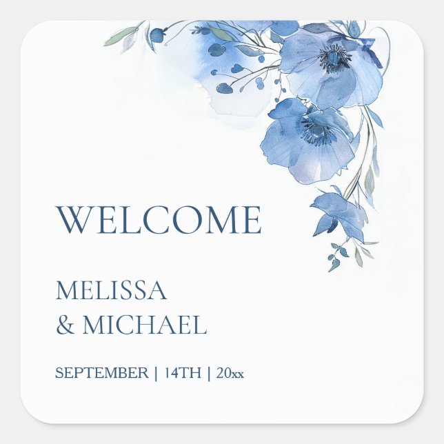 Adesivo Quadrado Blue Watercolor Flowers Wedding Welcome (Frente)
