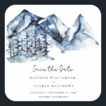Adesivo Quadrado Blue Watercolor Mountain Rustic Boho Salvar a Data<br><div class="desc">Blue Watercolor Mountain Rustic Boho Salve o Vinheta Quadrado com uma paisagem de montanha de cor aquática maravilhosa com pinheiros verdes altos,  guião manuscrito e tipografia moderna para uma sensação limpa e minimalista.</div>