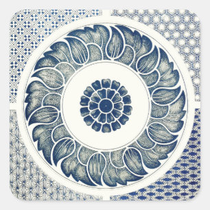 Adesivo Quadrado Blue White Floral Chinês redondo