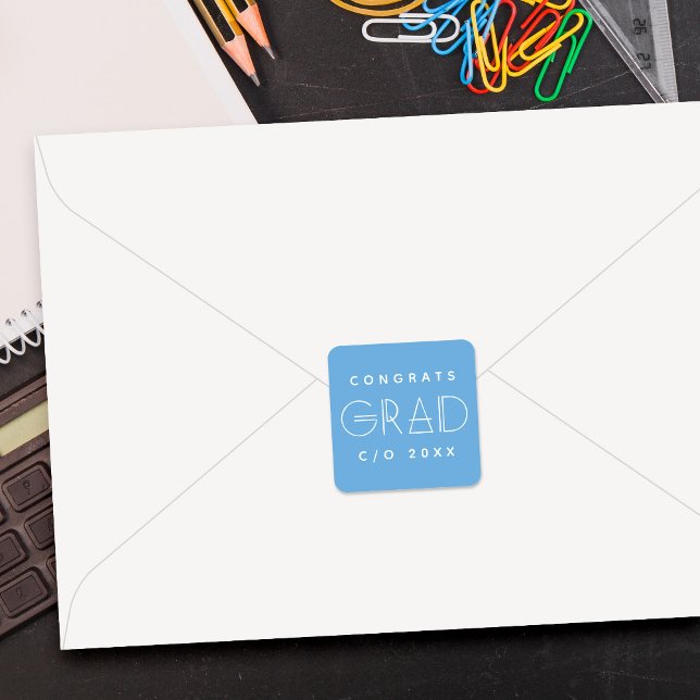 Adesivo Quadrado Blue White Grad Typography Graduation Sticker (Criador carregado)
