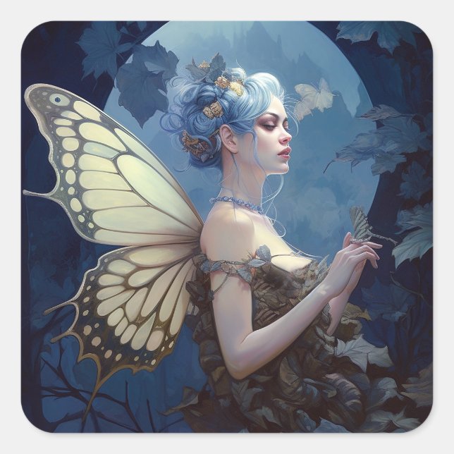 Adesivo Quadrado Blue Woodland Fairy Fantasy Art (Frente)