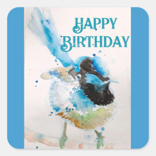 Adesivo Quadrado Blue Wren Watercolor Happy Birthday Wrens Aqua