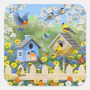 Adesivo Quadrado Bluebird Goldfinches Birdhouses Flor Garden