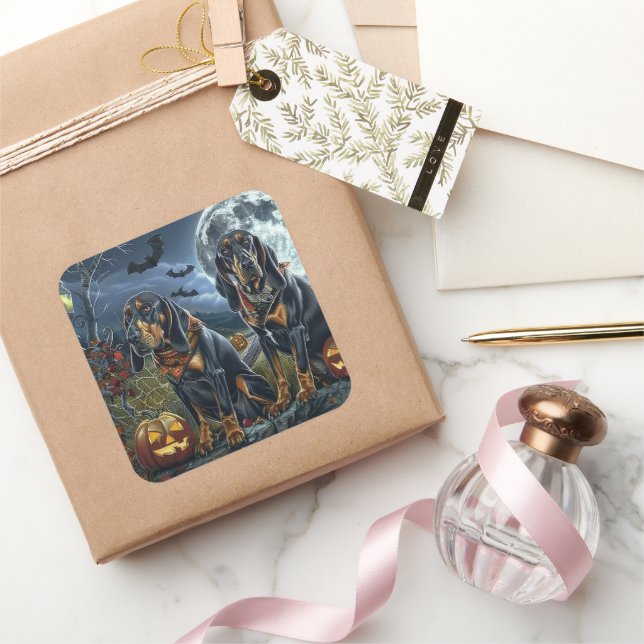 Adesivo Quadrado Bluetick Coonhound Halloween Spooky (Presentear)