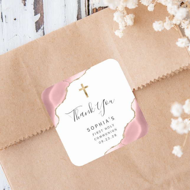 Adesivo Quadrado Blush Dourado Agate Primeira Comunhão Sagrada Obri (Criador carregado)