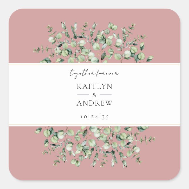 Adesivo Quadrado Blush Pink Eucalyptus Together Forever Wedding  (Frente)