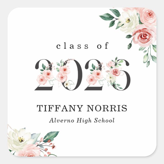 Adesivo Quadrado Blush Pink Floral Numbers Graduation Sticker (Frente)