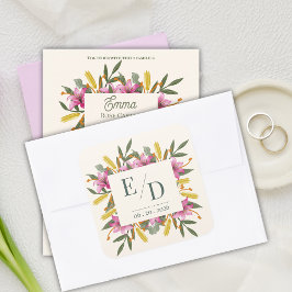 Adesivo Quadrado Blush Pink Lily Botanical Wedding Monogram