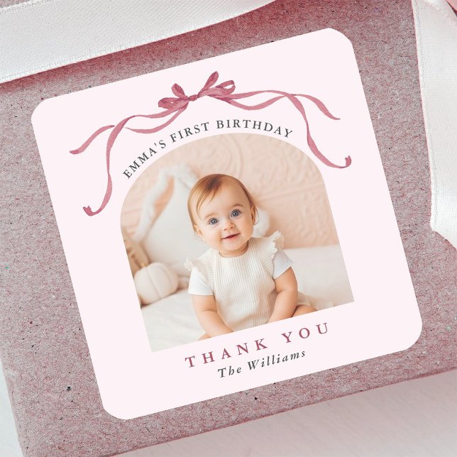 Adesivo Quadrado Blush Pink Red Bow Birthday Thank You (Criador carregado)