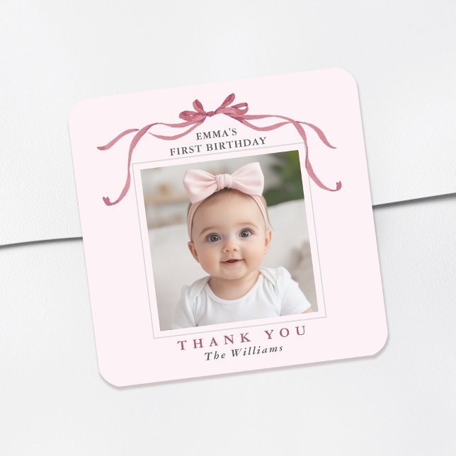 Adesivo Quadrado Blush Pink Red Bow Birthday Thank You  (Criador carregado)